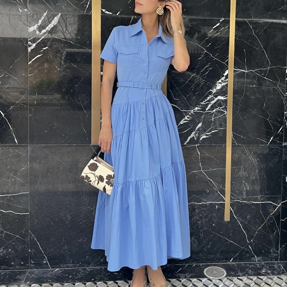 Zara ZW Collection Poplin Belt Maxi Shirtdress in light blue